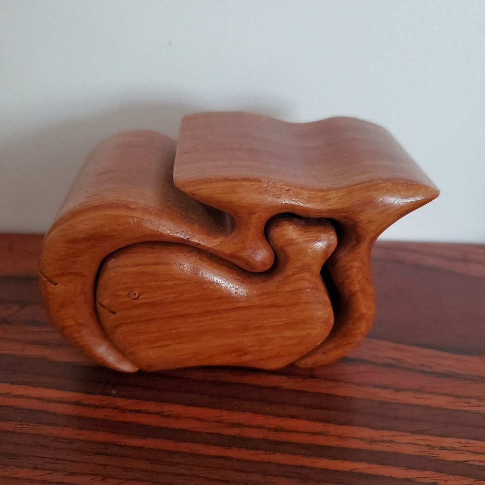 Vintage whale/wooden puzzle Box/jewelry or secret Stash/mcm Teak Whale 1970s